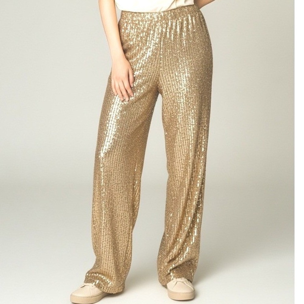 Boston Proper Sequin Pants‎ Women S Gold Wide Leg High Rise Glam Party Holiday